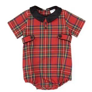 Edgehill Collection Baby Boys Short Sleeve Velvet Collar Plaid Bubble